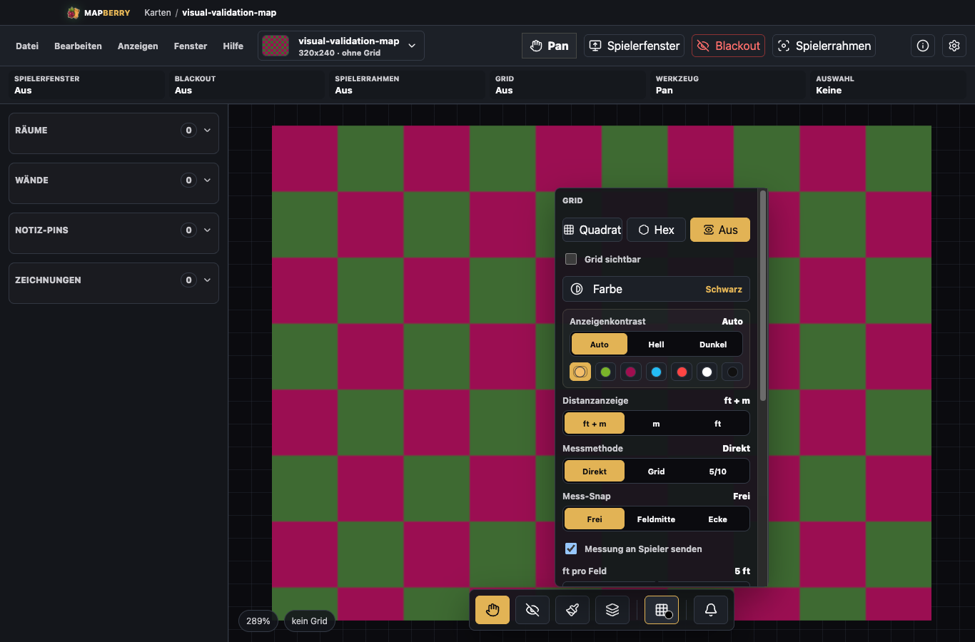 MapBerry Grid- und Messeinstellungen auf einer eigenen Testfläche