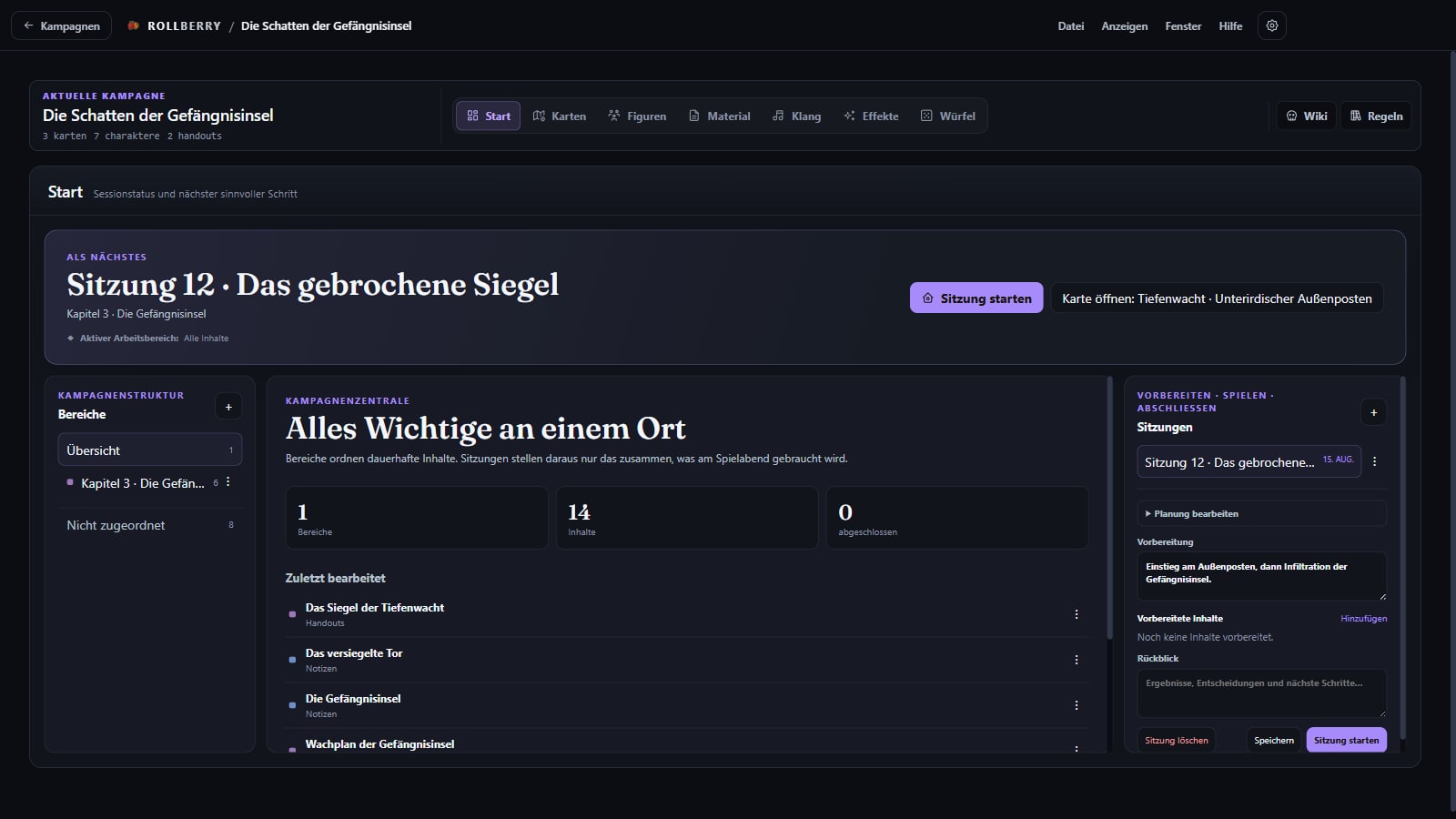 RollBerry Kampagnenübersicht mit vorbereiteter Sitzung