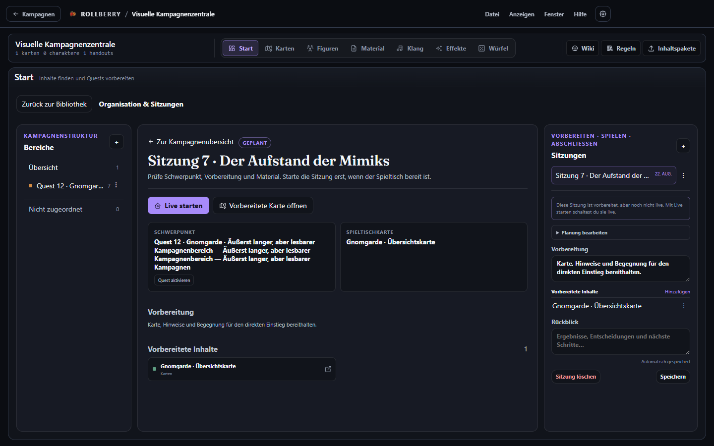 RollBerry Sitzungsansicht mit Vorbereitung, Karte und Kampagnenstruktur