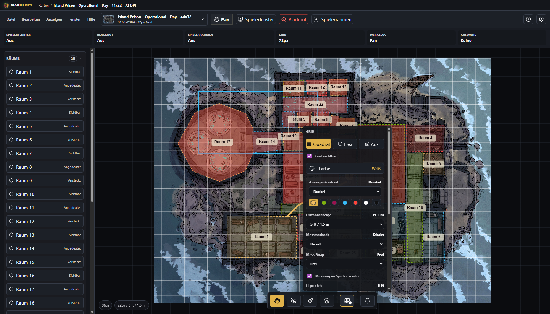 MapBerry Karten-App mit Island Prison Battlemap und Werkzeugen