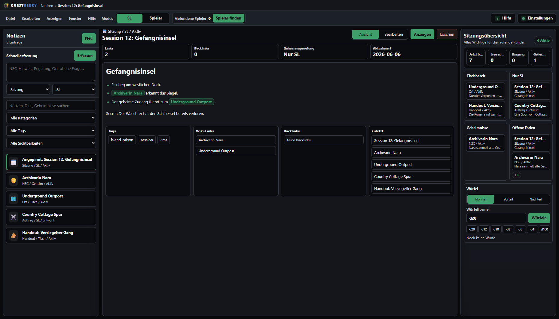 QuestBerry Kampagnenworkspace mit Notizen