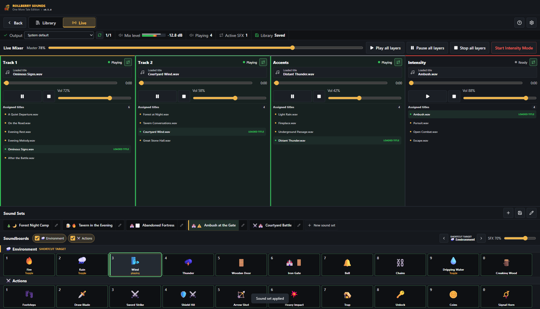RollBerry Sounds Live Mixer with active layers, sound sets, and two soundboards