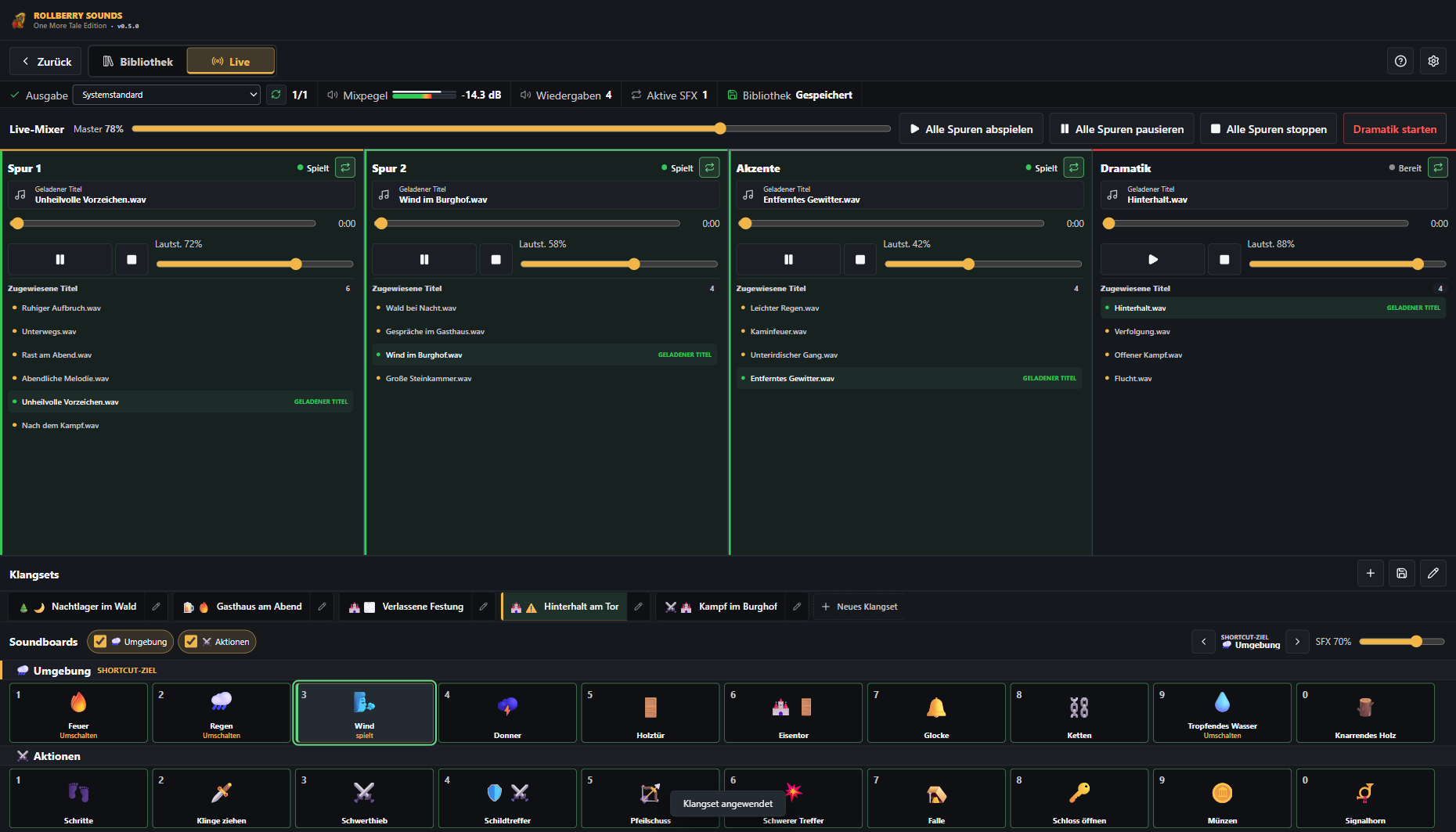 RollBerry Sounds Live-Mixer mit laufenden Spuren, Klangsets und zwei Soundboards