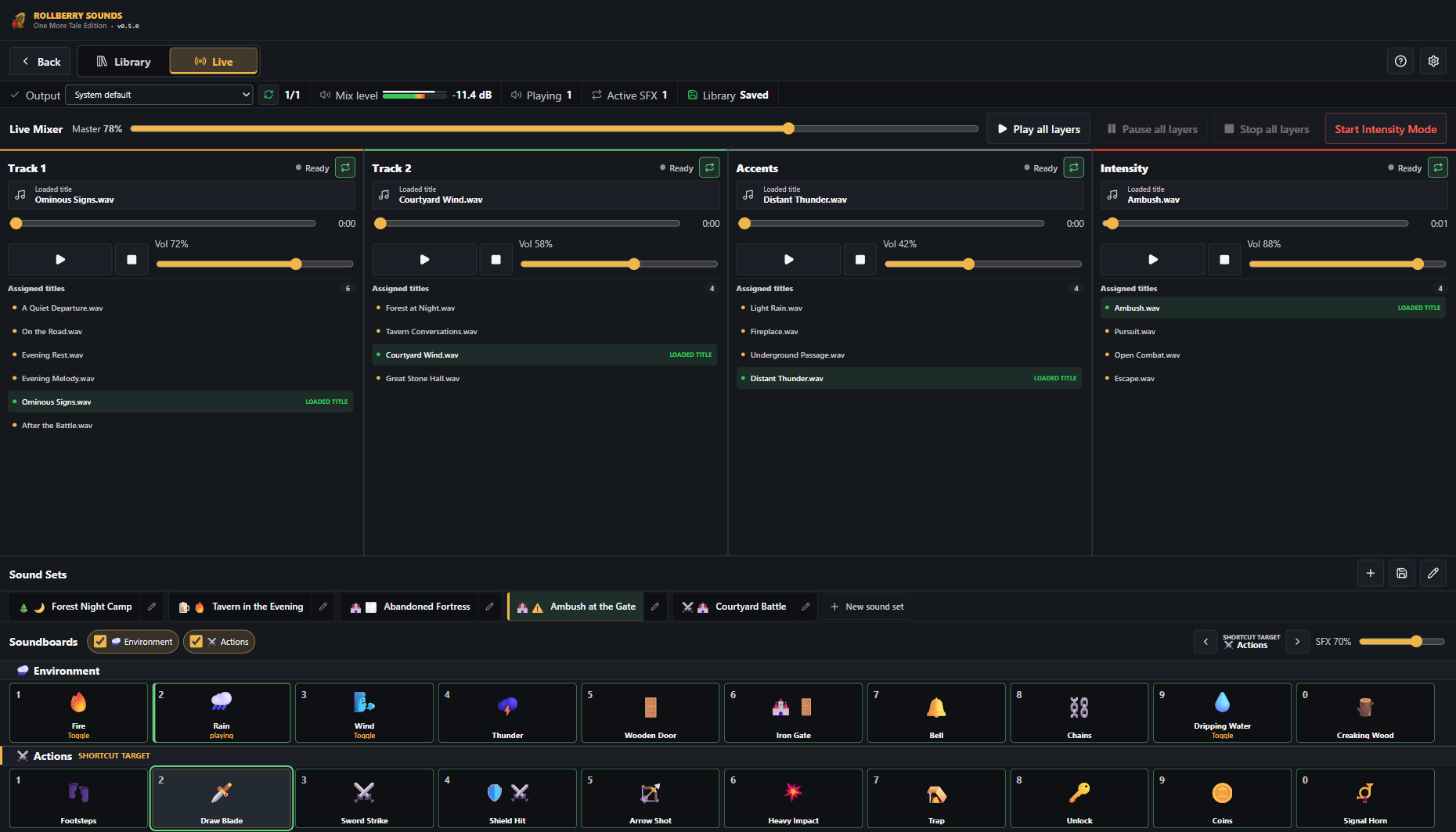 Two soundboards showing matching environment and action sound effects